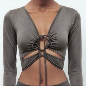 Zara Gray Long Sleeve Cut-Out Top
